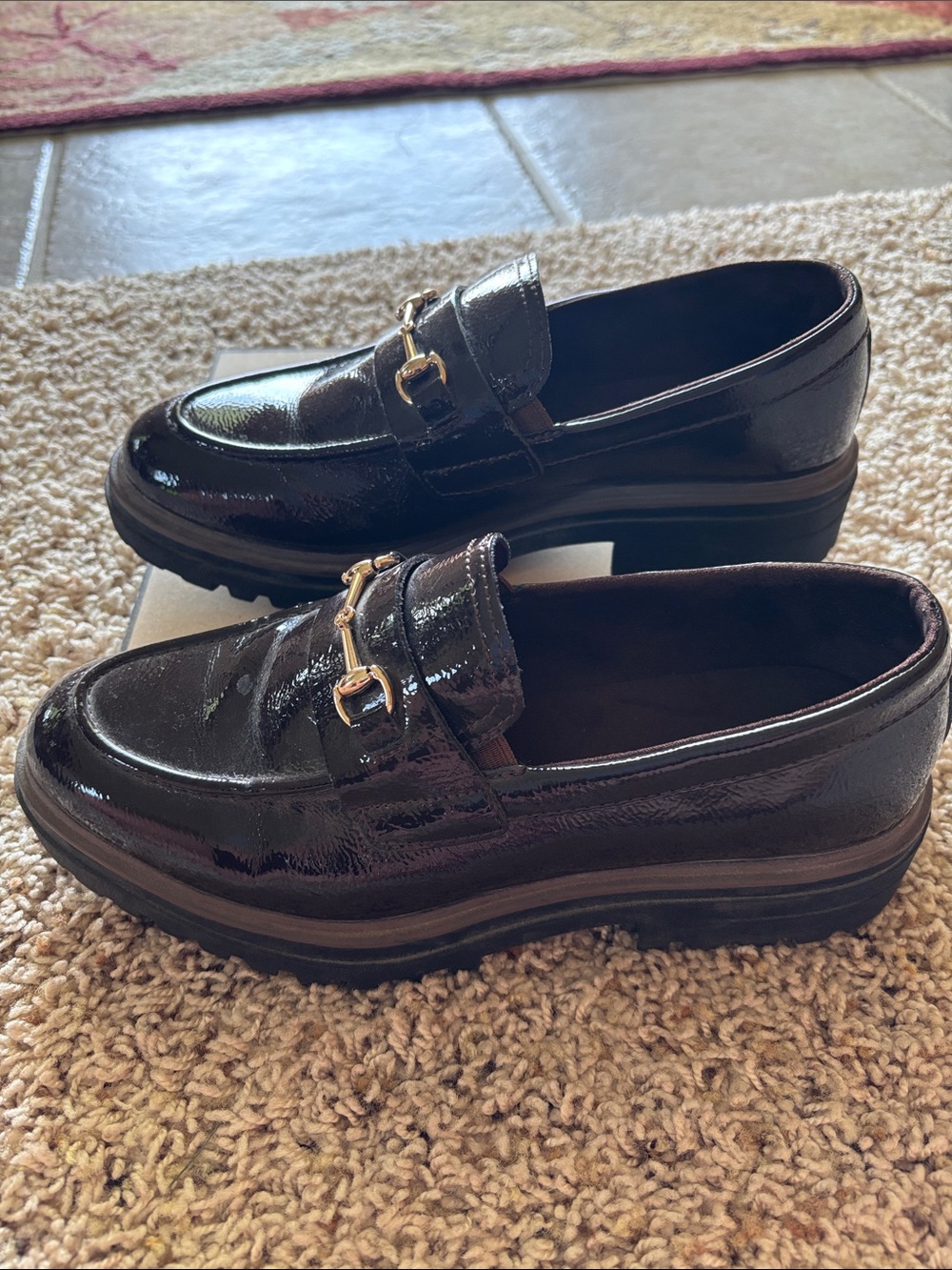Women’s Patent Leather Loafer with Gold Bit - Brown